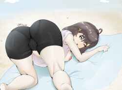 1girls accidental_exposure ass back_view breasts brown_hair fibu_115 high_resolution highres idol_corp idol_es latam_virtual_youtuber light-skinned_female light_skin looking_at_viewer looking_back looking_back_at_viewer lying meica nipples short_hair tagme text thighs tight_clothing virtual_youtuber vtuber vtuberfanart