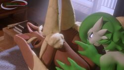 4k absurd_res anthro bed blender_(artwork) blender_cycles book digital_media_(artwork) duo eyes_on_the_prize female furniture gardevoir generation_3_pokemon generation_4_pokemon genitals hi_res humanoid lagomorph leporid lopunny mammal marianokun nintendo nude pokemon pokemon_(species) pussy rabbit vulva