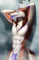 absurd_res balls bodily_fluids fur genitals hands_behind_head hi_res invidia_saunder looking_at_viewer male muscular open_mouth penis saliva sergal sharp_teeth shower solo teeth tongue tongue_out wet