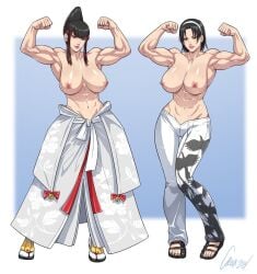 2girls abs absurdres alternate_muscle_size animal_print ass_visible_through_thighs athletic_female beehive_hairdo biceps big_breasts bird_print black_hair breasts cirenk clenched_hands commission deltoids eyeliner female_abs fit_female flexing floral_print full_body hair_ribbon hairband hakama highres huge_breasts japanese_clothes kazama_jun kazumi_mishima looking_at_viewer makeup mature_female milf mole mole_under_eye multiple_girls muscular muscular_female namco navel nipples pants print_pants red_eyeliner red_ribbon ribbon sagging_breasts sandals shiny_skin short_hair sidelocks socks tabi tekken tekken_2 tekken_7 tekken_8 tekken_tag_tournament tekken_tag_tournament_2 thigh_gap toeless_footwear topless triceps updo white_hairband white_pants white_socks