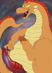 1boy 2016 animal_genitalia chip_'n_dale_rescue_rangers claws disney dragon dtz_(cdrr) erection flat_colors frill genital_slit hi_res horn looking_down male male_only multicolored_scales orange_scales penis precum raised_leg ridged_penis scales scalie sitting slit smirk solo spines tongue tongue_out vein veiny_penis yaroul yellow_scales yellow_sclera