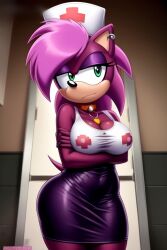 ai_generated annoyed annoyed_expression anthro ass breasts crossed_arms furry hips magenta_body nurse_cap nurse_uniform oiled pink_hair seductive serious_look solo solo_female sonia_the_hedgehog sonic_(series) sonic_underground tagme thighs