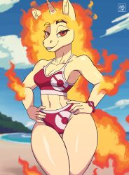 anthro beach breasts camel_toe cleavage clothed clothing deathzera equid equine female fire flaming_hair game_freak generation_1_pokemon hi_res mammal monster_girl_(genre) navel nintendo pokemon pokemon_(species) presenting pseudo_hair rapidash signature smile smiling_at_viewer solo sports_bra sportswear tagme wide_hips