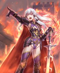 1girls alternate_costume angry bangs bare_thighs boots breasts cape castle cleavage corruption elbow_gloves female female_only fire fire_emblem fire_emblem:_three_houses gloves leebigtree leotard long_hair lysithea_von_ordelia magic nintendo open_mouth outdoors pink_eyes pointing small_breasts solo sword thighhighs thighhighs_under_boots thighs weapon white_hair