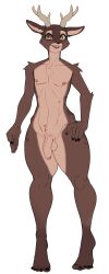 2024 absurd_res anthro antlers balls bell_(bellum32) brown_body brown_eyes brown_fur colored_nails deer feet fur genitals hi_res horn male mammal nails navel nipples penis rolling_beast simple_background smile smiling_at_viewer solo