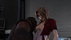 1boy 1girls 3d 3d_animation aerith_gainsborough animated barret_wallace blender_(software) breasts brown_hair dark-skinned_male final_fantasy final_fantasy_vii green_eyes interracial light-skinned_female long_hair no_sound sex straight tagme teehee7990 video