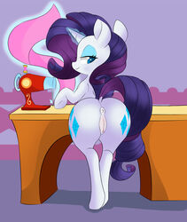 2016 anus ass blue_eyes cutie_mark equine eyeshadow female feral friendship_is_magic glowing half-closed_eyes hidden-cat highres horn indoors levitation looking_at_viewer looking_back magic makeup mammal my_little_pony purple_hair purple_tail pussy raised_tail rarity_(mlp) rear_view sewing_machine smile solo table unicorn