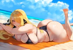 1girls ai_generated ass ass_bigger_than_head ass_expansion ass_focus ass_up beach beach_towel big_ass big_breasts big_butt big_thighs bikini bikini_bottom bikini_top black_bra black_panties blonde_hair breast_press breast_squish breasts butt_focus cynthia_(pokemon) female female_focus female_only gray_eyes hi_res leg_up miyuai nai_diffusion on_towel pokemon solo solo_female solo_focus stable_diffusion thiccwithaq_(ai_style) thick thick_ass thick_butt thick_hips thick_legs thick_thighs thighs wet wide_hips