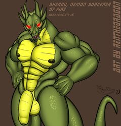 abs balls dragon flaccid green_scales hi_res humanoid_penis jackie_chan_adventures looking_at_viewer male male_only muscular nipples penis red_eyes renthedragon scales shendu solo tongue uncut yellow_scales