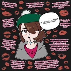 brown_hair caption comic english english_text female flushed funny gloria_(pokemon) humor kiss_mark kissing looking_at_viewer meme nintendo nintendo_switch pokemon pokemon_ss scottish_accent shippart short_hair short_hair_female swearing sweater text text_bubble tsundere victor_(pokemon) wholesome