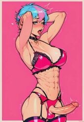 1futa abs ahe_gao ai_generated armpits athletic_futanari ball_bra big_penis blue_hair erect_penis erection futa_only futa_sans_pussy futanari garter_belt garter_straps hands_behind_back heart horny huge_cock large_breasts lingerie masomelon muchin_(style) muscular muscular_futanari open_mouth pink_hair seducing_viewer seductive_look seductive_smile short_hair solo stockings two_tone_hair