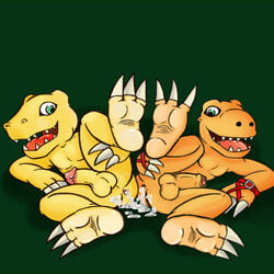 2boys after_sex agumon anus balls barefoot circumcised cum cum_from_ass cum_in_ass cum_inside digimon duo erection foot_focus gaping gaping_anus gay handpaw hi_res holding_leg humanoid_penis leaking lying male male_only on_side one_leg_up paws penis presenting presenting_anus scalie seamaster semi-anthro smile uncut yaoi