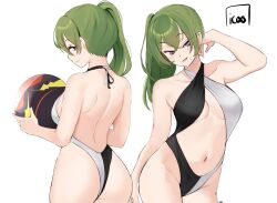 artist_name ass backless_swimsuit ball bare_arms bare_shoulders black_one-piece_swimsuit breasts center_opening closed_mouth commentary criss-cross_halter crossed_bangs english_commentary female green_hair grey_one-piece_swimsuit hair_between_eyes halterneck highleg highleg_swimsuit highres holding holding_ball icoo large_breasts long_hair looking_at_viewer looking_back multiple_views navel one-piece_swimsuit open_mouth purple_eyes side_ponytail simple_background smile sousou_no_frieren swimsuit two-tone_swimsuit ubel_(sousou_no_frieren) white_background