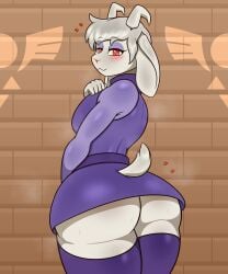 5_fingers absurd_res anthro antlers asriel_dreemurr ass bedroom_eyes big_butt blush blush_lines bodily_fluids body_blush bottomwear bovid brick_wall butt_blush butt_pose caprine cel_shading clothed clothing crossdressing curvy_figure cute_fangs delta_rune_(emblem) deltarune eyebrow_through_hair eyebrows eyeshadow femboy feminine fingers floppy_ears glistening glistening_body glistening_clothing goat hair hand_on_chest heart_eyes heart_symbol hi_res horn huge_butt huge_hips huge_thighs johnmarten leggings legwear long_ears looking_at_viewer looking_back looking_back_at_viewer makeup male mammal miniskirt musk narrowed_eyes pink_nose portrait pose purple_clothing red_eyes seductive shaded short_tail skirt smile solo sweat sweater sweaty_butt symbol tagme tail thick_thighs thigh_highs three-quarter_portrait topwear translucent translucent_hair undertale undertale_(series) upskirt voluptuous wall_(structure) white_body white_hair wide_hips