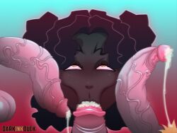 1girls 3boys black_hair blowjob cum cum_in_mouth dark-skinned_female darkinkduck eating_cum light-skinned_male orgasm_face sucking_penis