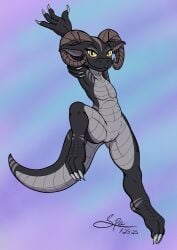 2025 2_horns 3_toes 4_fingers abstract_background absurd_res anthro arm_markings big_tail black_body black_scales brown_horn cel_shading claws countershade_legs countershade_neck countershade_scales countershade_tail countershade_torso countershading curved_horn dated digital_drawing_(artwork) digital_media_(artwork) digitigrade ear_piercing ear_ring eyelashes feet female finger_claws fingers flat_chested genitals grey_body grey_claws grey_outer_labia grey_scales grey_vulva head_markings hi_res horn humanoid_hands innie_vulva kazarra_the_kobold kobold leg_markings long_tail looking_at_viewer markings nude one_leg_up piercing pointy_ears prick_ears procreate_(artwork) raised_leg ring_piercing scales scalie shaded side_markings signature smile smiling_at_viewer snout solo spe stretching striped_body striped_markings striped_scales stripes tail tail_markings tapering_tail thick_tail thick_thighs toe_claws toes ventral_scales vulva wide_hips yellow_eyes