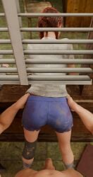 3d annoyed assisted_exposure before_sex clothes_pull dbd dead_by_daylight meg_thomas pulled_by_another pulling_down_pants red_hair saltyu short_hair shorts shorts_pull stuck stuck_in_window