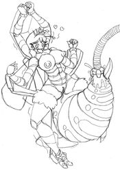 abdomen antennae arthropod bee blue_eyes bondage bound breasts crown egg female fur hair insects kyubee monochrome monster monster_girl multi_arm multi_limb nipples ovipositor pink_hair pussy queen_bee restraints simple_background smile stinger tryfag tuft wide_hips wings