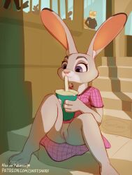 anthro artist_name barefoot biped black_clothing clothed clothing container cup detailed_background digital_media_(artwork) disney dress drinking drinking_straw electronics english_text european_rabbit eyebrows feet female fur genitals grey_body grey_fur group headphones holding_container holding_cup holding_object judy_hopps lagomorph leporid long_ears mammal no_underwear oryctolagus pink_clothing pink_dress pink_nose public public_exposure purple_eyes pussy rabbit sitting sniffsnorf solo solo_focus straw_in_mouth text underwear upskirt url zootopia