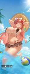 1girls arms_behind_back arms_behind_head arms_up arousal aroused beach beach_ball belly_button bikini bikini_malfunction bikini_top bikini_top_removed bikini_top_undone blush blushing_at_viewer bouncing_breasts cloud dark-skinned_female dark_skin erect_nipples fit_female flower flower_in_hair frilled_skirt frills game_cg hair_ornament hat highres hourglass_figure how_to_raise_a_harem huge_breasts jiggling_breasts large_breasts legs long_hair nipples_visible_through_clothing ocean official_art outdoors palm_tree pearls red_eyes red_hair screenshot scrunchie smile smiling smiling_at_viewer solo solo_female sun_hat sunglasses sunglasses_on_head sunlight tanline tanlines tatiana_(how_to_raise_a_harem) teasing teasing_viewer thick_thighs thighs underboob wardrobe_malfunction water wide_hips