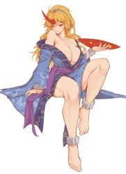 blonde_hair cloak cloak_only edz_drawz feet female_only horn hoshiguma_yuugi hoshiguma_yuugi large_breasts oni oni_female oni_horns sake_dish touhou