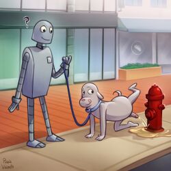 1:1 absurd_res anthro bodily_fluids bondage canid canine canis collar dog_(robot_dreams) domestic_dog duo fire_hydrant genital_fluids genitals hi_res humanoid_genitalia humanoid_penis leash machine male mammal outside peeing penis petplay public puppyplay purplevelbeth raised_leg robot robot_(robot_dreams) robot_dreams roleplay urine urine_on_ground urine_pool