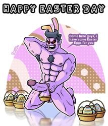 1boy abs armpit_hair arms_up balls bara bunny_ears bunnysuit chest_hair daddy_dearest easter egg eggs friday_night_funkin gay holding_penis kneeling looking_at_viewer male muscle muscular nude nude_male penis purple_skin solo solo_male thighs yartgo