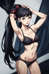 ai_generated ai_hands amagi_yukiko black_hair blue_eyes lingerie persona persona_4 ponytail underwear