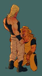 2boys after_oral after_orgasm blonde_hair blushing_profusely bottomwear_down_slightly closed_eyes cowboy earrings gay hand_over_mouth hi_res hol_horse jean_pierre_polnareff jojo's_bizarre_adventure kneeling male/male muscular_male open_mouth penis simple_background standing stardust_crusaders sweat sweatdrop yaoi