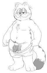 anthro balls body_hair boomspike clothed clothing clothing_pull darkened_genitalia domestic_cat felid feline felis garfield_(series) garfield_the_cat genitals hi_res humanoid male mammal monochrome paramount_pictures paws,_inc. penis slightly_chubby solo spikey_boomer underwear underwear_only underwear_pull