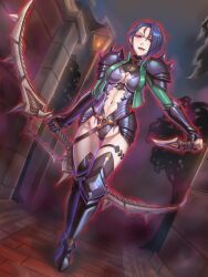 1girls alternate_costume ass_visible_through_thighs aura bare_midriff bare_thighs black_panties blue_hair boots bow_(weapon) breasts cleavage corruption elbow_gloves evil_smile female female_only fire_emblem fire_emblem:_three_houses full_body gloves inner_sideboob knife lantern leebigtree leotard looking_at_viewer medium_breasts midriff navel nintendo open_mouth outdoors panties purple_eyes red_aura shamir_nevrand short_hair smile solo thigh_boots thighs underwear weapon