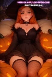 ai_assisted ai_generated ben_10 cartoon_network gwen_tennyson halloween hi_res kittew_(style) pumpkin sadtomato sitting witch witch_costume witch_hat