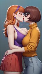 2girls ai_generated big_breasts breasts cleavage clothed daphne_blake female_only french_kiss glasses hand_around_waist hanna-barbera jeans kissing lesbian lesbian_kiss namizandran nerd nerdy_female scooby-doo skirt sweater symmetrical_docking tight_clothing tongue velma_dinkley yuri