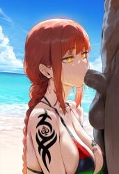 1girls ai_generated beach bikini censored chainsaw_man dark-skinned_male fellatio himeno interracial large_penis makima_(chainsaw_man) medium_breasts queen_of_spades red_hair saliva thiccwithaq_(ai_style)