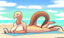 2d anthro anthro_only beach blue_nipples blue_tongue breasts bubble_butt curvy detailed_background female female_anthro female_focus female_only large_breasts leviathinh looking_at_viewer multicolored_body nude nude_female oc ocean original original_character scales scalie snake snake_girl solo_female sunscreen tail tongue_out yellow_eyes