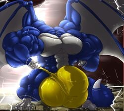 abs balls biceps big_balls blue_skin bulge clothed clothing dragon huge_balls hyper hyper_balls hyper_bulge hyper_muscles male male_only muscular pecs reptile scalie solo sova_13 topless vein wings