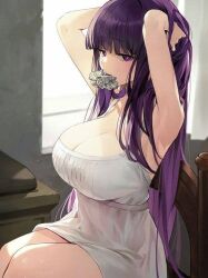 big_breasts blush female female_only fern_(sousou_no_frieren) goomrrat_(グムラット) hair_ornament light-skinned_female light_skin long_hair looking_at_viewer pale-skinned_female pale_skin purple_eyes purple_hair sitting sousou_no_frieren tying_hair white_dress