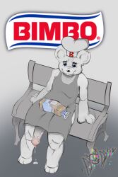 1boy anthro apron aroused bear bimbo_(bakery) bimbo_bear bread chef_hat chubby_anthro cum cum_on_floor digital_media_(artwork) disgusted doomsday_(doomsday-ent) grupo_bimbo logo long_penis park_bench penis penis_out self_upload sitting ursid vein