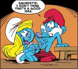 age_difference blonde_hair blue_skin breasts_out erection meatpencil older_male open_mouth papa_smurf penis smurfette the_smurfs tongue_out