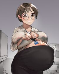 1girls belly big_belly big_breasts breasts female fetal_movement gigantic_breasts glasses huge_breasts joethestone nipples nipples_visible_through_clothing office office_lady pregnant short_hair solo