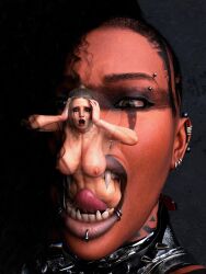 2girls 3d breasts dark-skinned_female dark_skin divergentartgb facepaint female giantess macro nipples oral_vore piercing piercings size_difference tongue vore