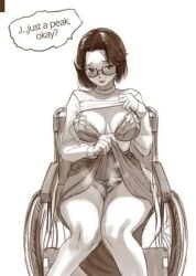 1girls blush elleciel.eud english_eialogue fear_and_hunger fear_and_hunger:_termina feet_out'of_frame female flashing glasses knees_togheter_feet_apart lifted_by_self lingerie olivia_(fear_and_hunger) skirt_lift sweater tagme wheelchair