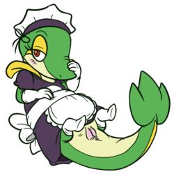 2013 alpha_channel anus blush clothing eyelashes female fiztheancient maid_uniform nintendo pokemon pokemon_(species) pussy red_eyes snivy solo uniform video_games