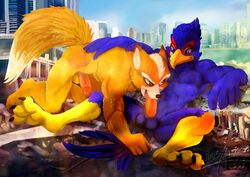 avian canine duo evilkitty3 falco_lombardi fellatio fox fox_mccloud hi_res macro male male_only mammal nintendo oral sex star_fox video_games yaoi