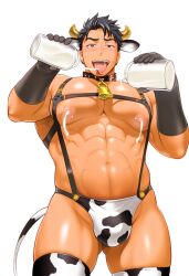 ai_generated black_gloves bulge cow_ears cow_horns cow_print cow_tail cowbell ctst4r gloves harness lactating lactation large_pectorals male male_focus male_only milk milking milking_machine muscular nipples pecs pectorals plain_background solo solo_male thick_thighs thighs tongue tongue_out white_background