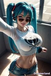 2d_(artwork) abdomen abdominals ai_generated anime anime_style armpits belly_button big_breasts blue_eyes blue_hair breast_rest breasts brown-tinted_eyewear clavicle close-up cute day daylight daytime detailed fake_breasts female fit fitness from_above hair hair_between_eyes hatsune_miku hd hd_(traditional) high_resolution highres hourglass_figure large_breasts light light-skinned light_blue_hair light_body light_skin lighting lips lipstick long_hair long_sleeves looking_at_partner looking_at_viewer looking_over_eyewear looking_over_glasses looking_over_sunglasses midriff navel neck nose pose posing posing_for_picture posing_for_the_viewer seducing seduction seductive seductive_body seductive_look seductive_mouth seductive_pose seductive_smile selfie selfie_pose shiny_clothes shiny_hair shirt shirt_lift short_shorts shy simple_background sky4maleja slim_girl slim_waist smile smile_at_viewer smiley_face standing straps sunglasses sunlight t_shirt teeth thick_thighs tight tight_clothes tight_clothing tight_fit tinted_eyewear twintails upper_body waist watermark window window_light