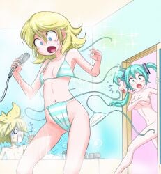 1boy 2girls bath bathing bathroom bikini bikini_only blonde blonde_female blonde_hair blonde_hair_female blonde_hair_male blue_bikini blue_eyes blue_hair breast_size_difference breasts breasts_size_difference female flat_chest hatsune_miku hatsune_miku_(collared_bikini) kagamine_len kagamine_rin long_hair long_hair_female lost_clothes male medium_breasts no_sex nude short_hair short_hair_female small_breasts surprised surprised_expression surprised_face surprised_look tagme twintails twintails_(hairstyle) vocaloid water white_bikini