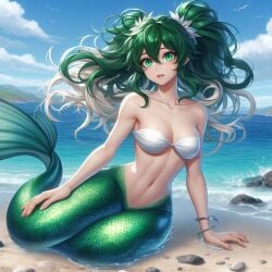 ai_generated artificial-sissy big_breasts bra cleavage dress female female_deku freckles genderswap_(mtf) green_eyes green_hair izuku_midoriya mermaid midriff my_hero_academia navel rule_63 solo