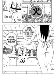 apron_only comic commentary dialogue english_text monochrome namikaze_minato naruto naruto_(series) naruto_shippuden ninrubio partially_nude speech_bubble story uchiha_mikoto visible_ass