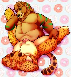 2016 2boys 4_toes anthro belly benjamin_clawhauser black_fur brown_fur cheetah claws cum disney doughnut duo feline food fur gay green_fur green_stripes hi_res hindpaw interspecies licking licking_lips lying male male_only mammal missionary_position multicolored_fur nude on_back orange_fur overweight pattern_background paws raised_leg sex simple_background spots stripes stupidoreo tan_fur toe_claws toes tongue tongue_out two_tone_fur yaoi zootopia